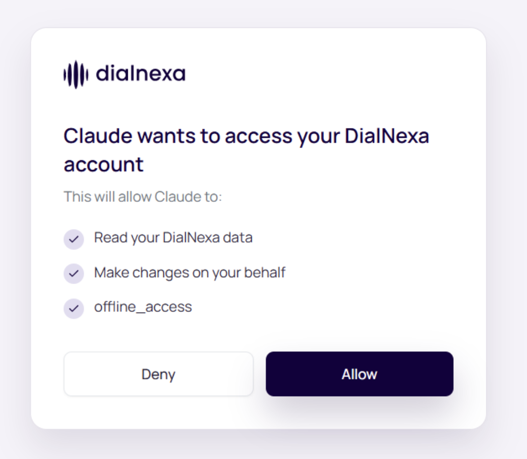 DialNexa MCP OAuth consent screen showing Claude, read and write permissions, offline access, and Deny and Allow buttons.