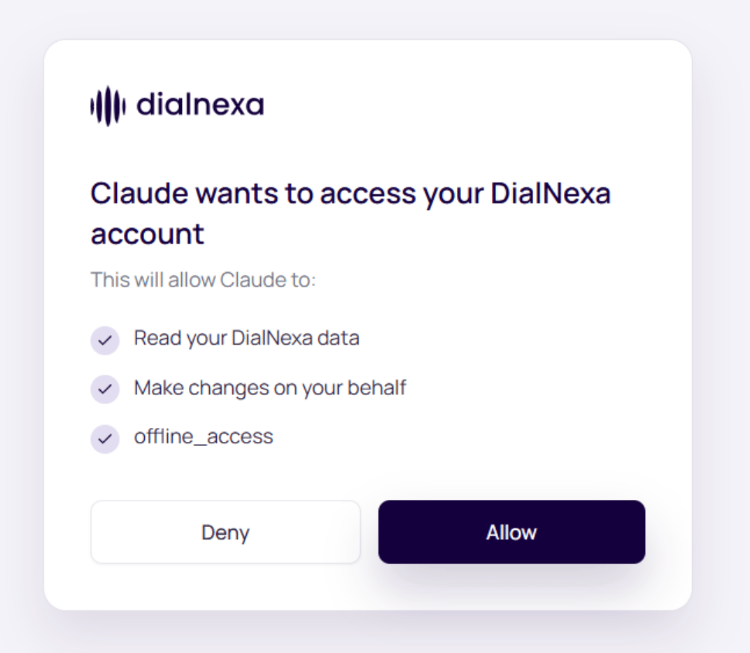 DialNexa MCP OAuth consent screen showing Claude, read and write permissions, offline access, and Deny and Allow buttons.