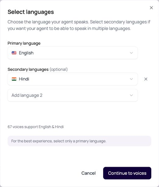 DialNexa Select languages dialog with English primary, Hindi secondary, a shared voice count, and Continue to voices.