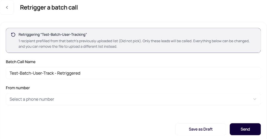 DialNexa new batch review showing its source-batch banner, prefilled name, From number selection, Save as Draft, and Send.