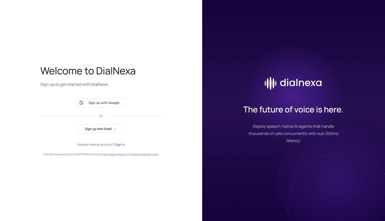DialNexa sign-up page with Sign up with Google, expandable Sign up with Email, and a Sign in link.