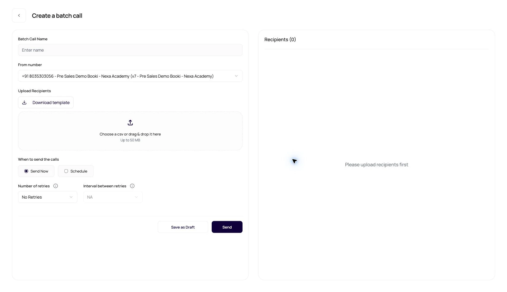 DialNexa Create Batch Call page showing retry count and interval controls before sending a campaign.