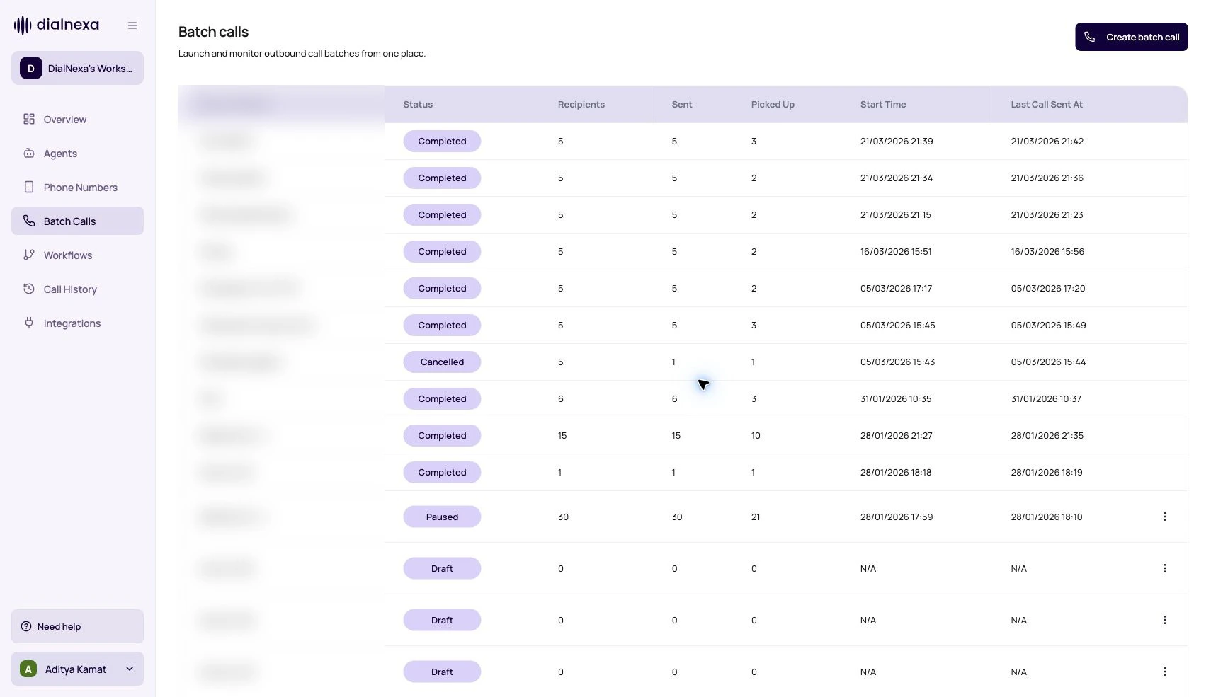DialNexa Batch Calls list showing campaign status, recipient totals, sent count, picked up count, and timing columns.