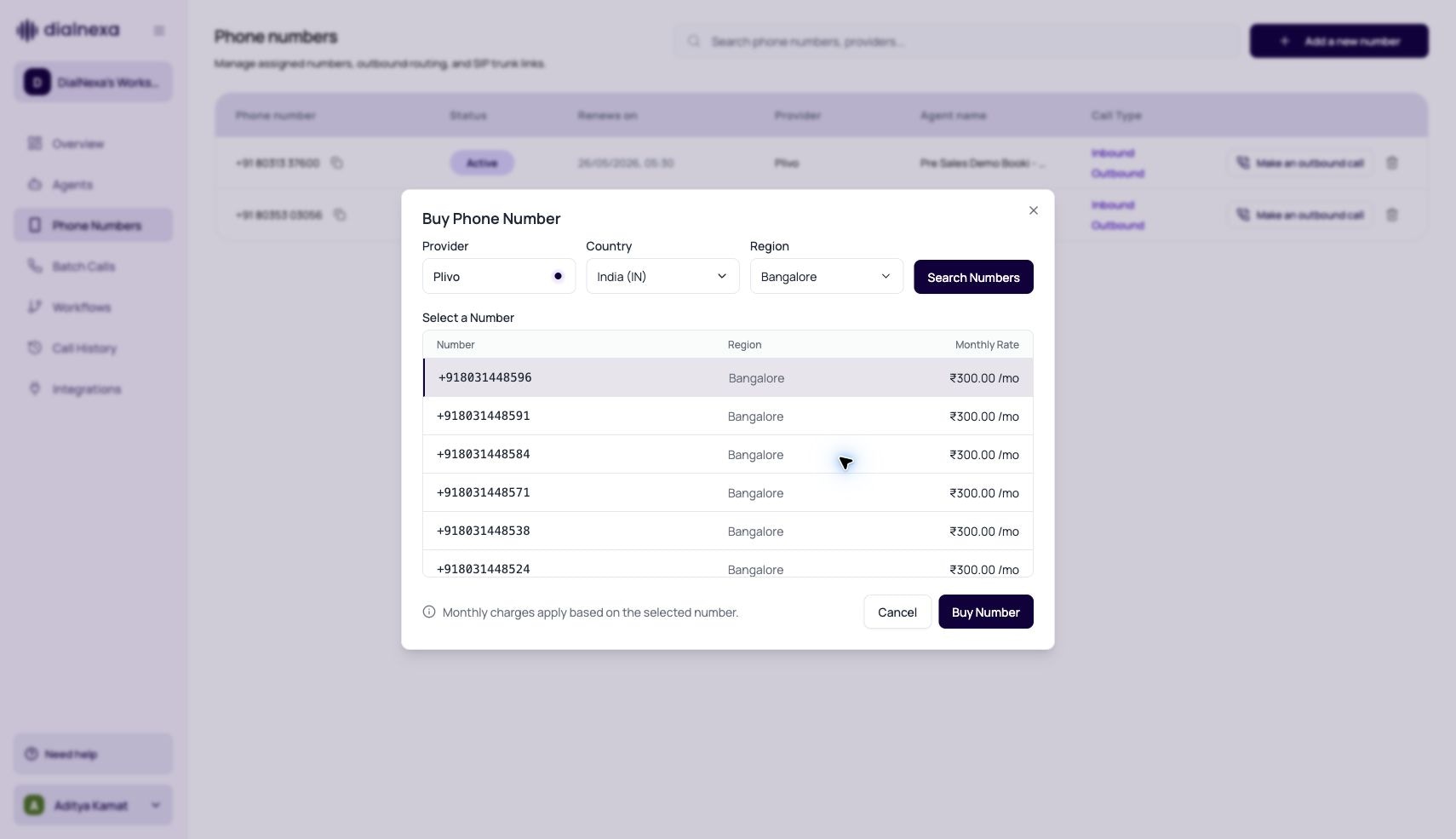 DialNexa Buy Phone Number modal showing Plivo provider, country, region, available numbers, monthly rate, and buy action.