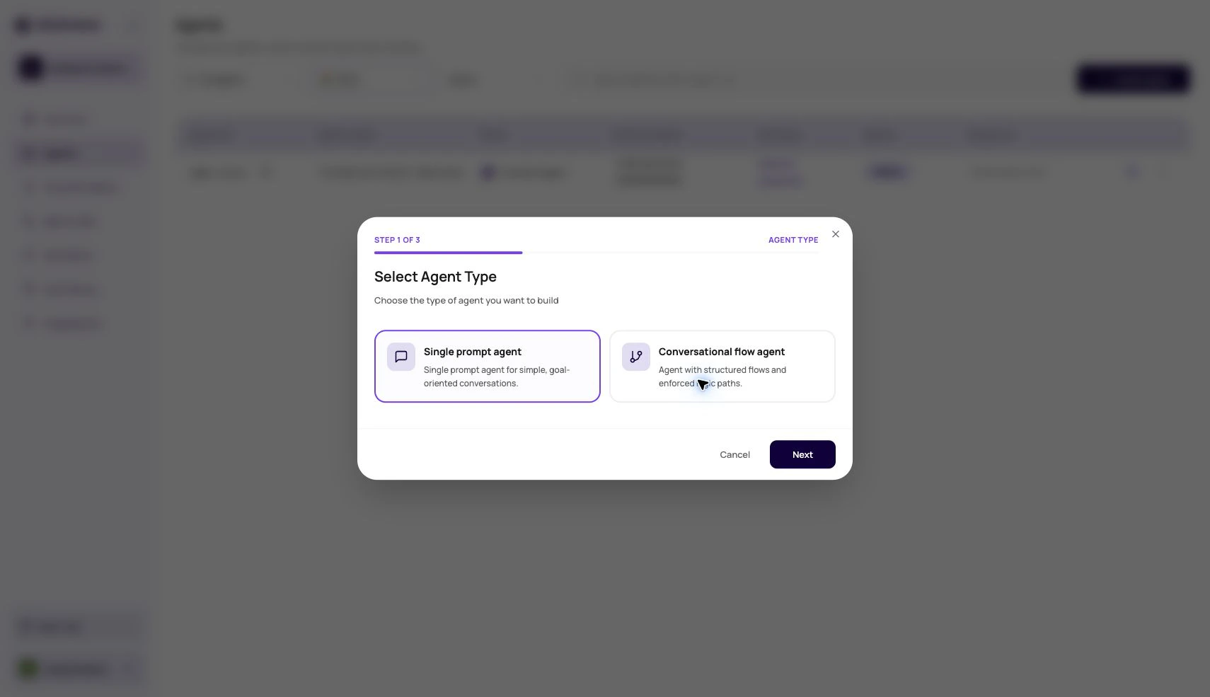 DialNexa Create Agent modal showing Single prompt agent and Conversational flow agent type choices.