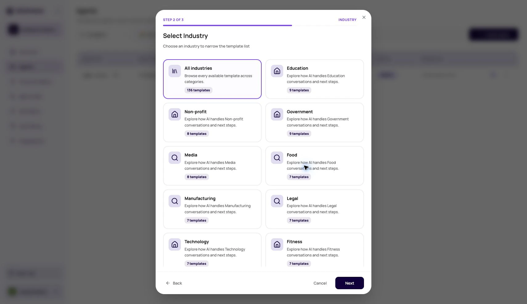 DialNexa Create Agent modal showing industry filters and template counts for agent templates.