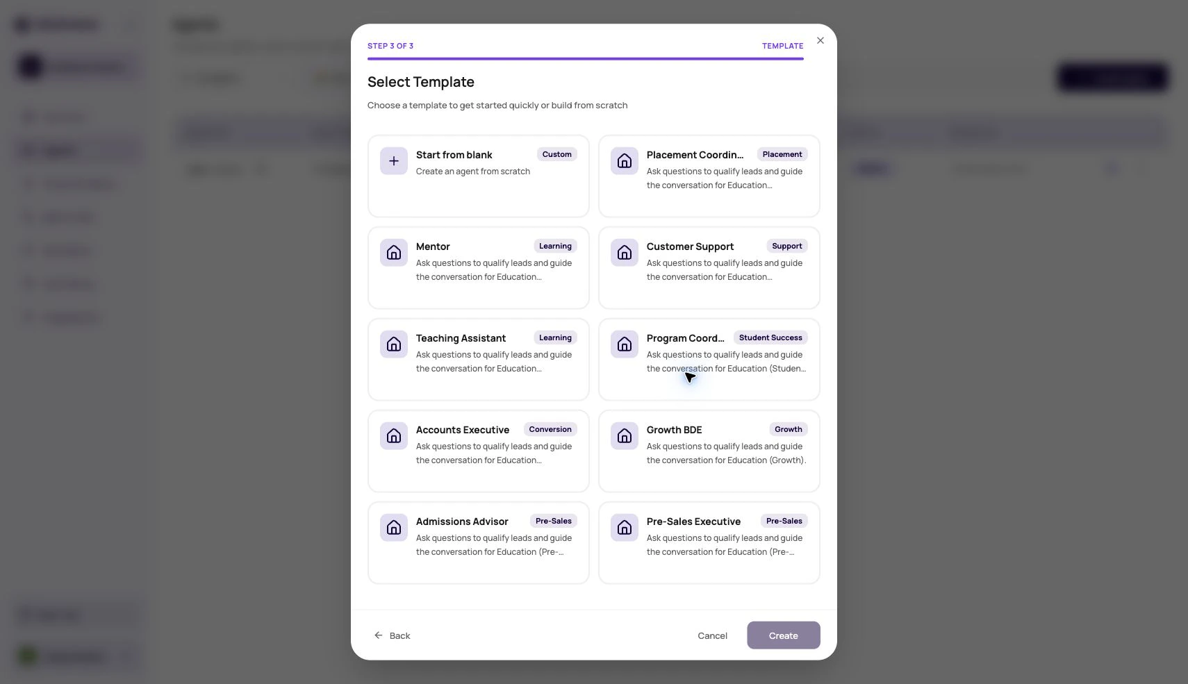 DialNexa Create Agent modal showing Start from blank and available agent template cards.