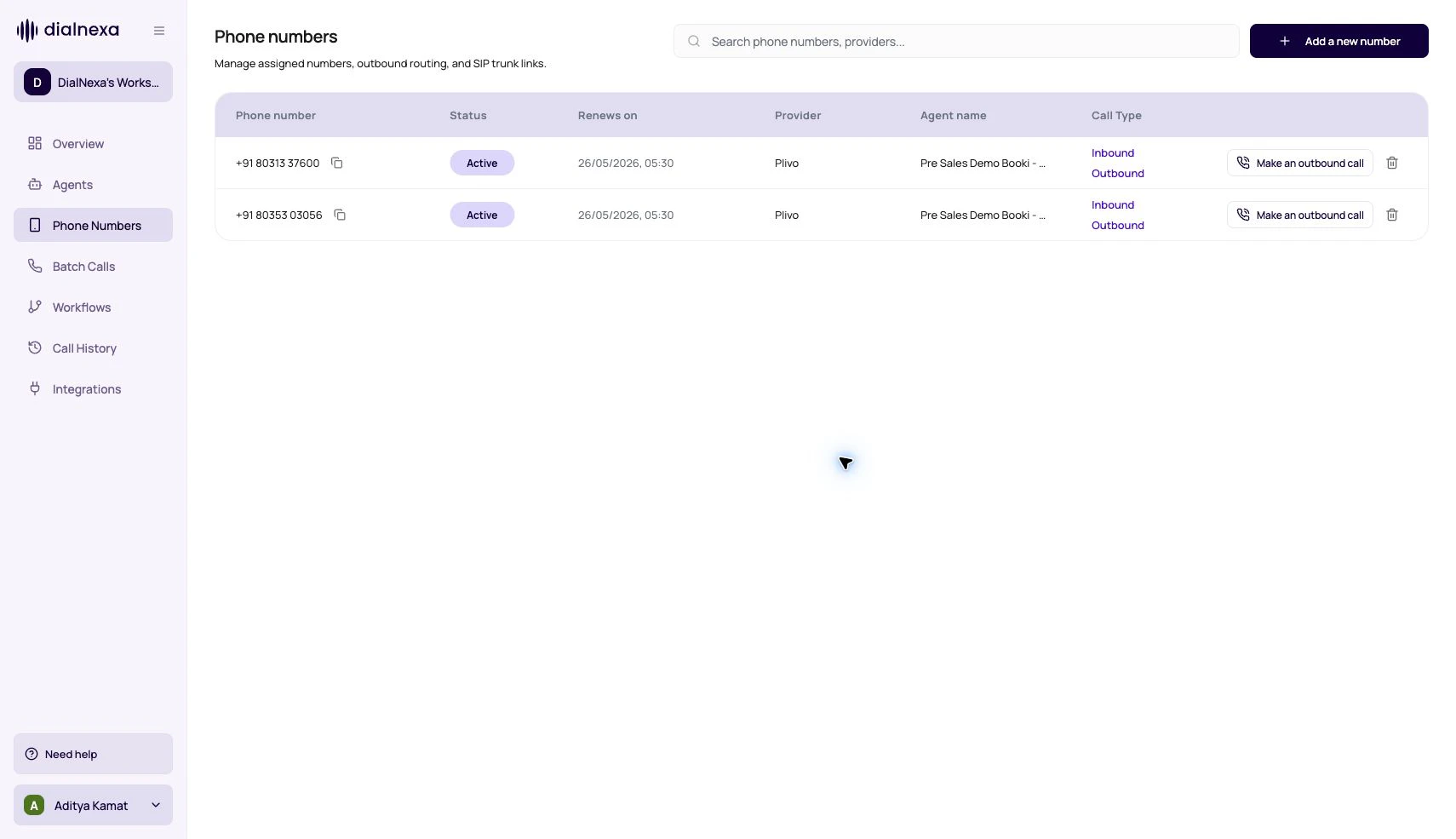 DialNexa Phone Numbers page showing the phone routes that create inbound and outbound call records.