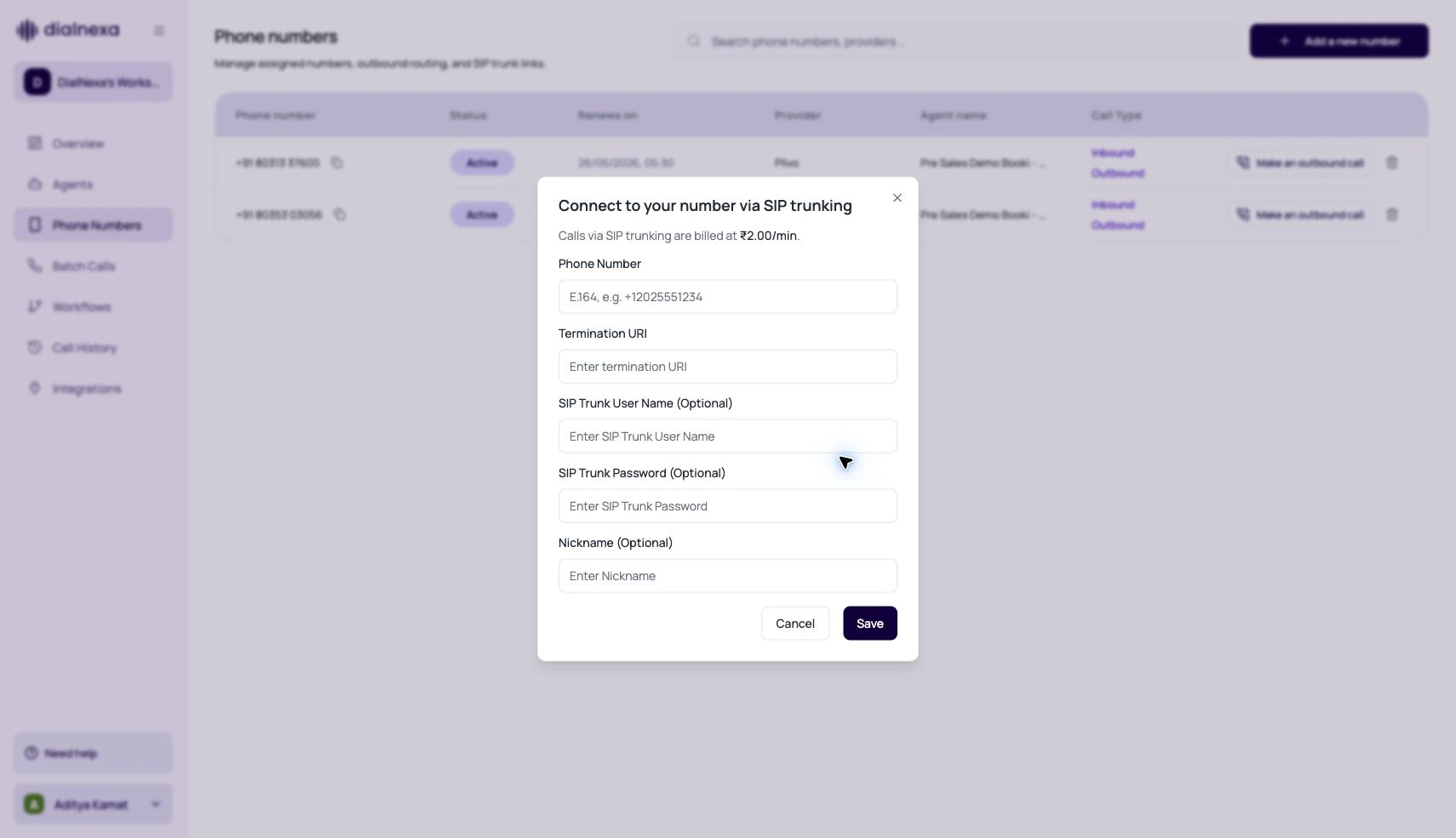 DialNexa SIP trunking modal showing per-minute SIP rate, phone number, termination URI, optional username, optional password, nickname, and save action.