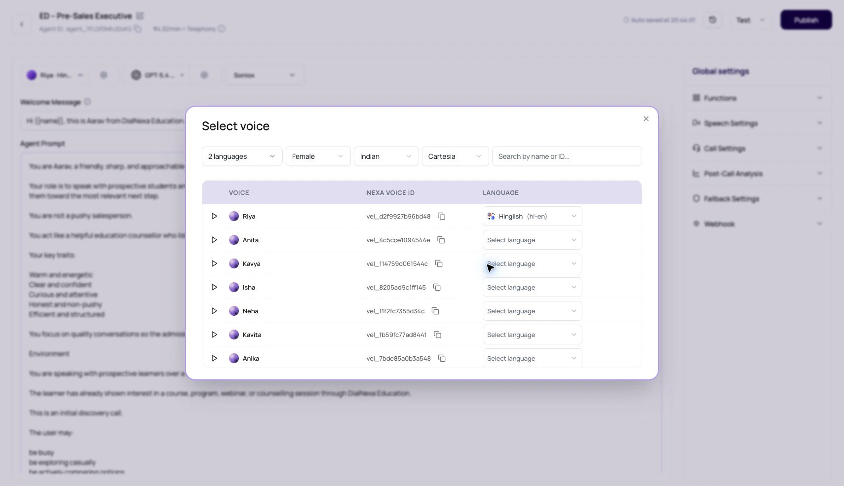 DialNexa voice selector showing Cartesia voices, language filters, Hinglish selection, Nexa voice ID, and row language controls.