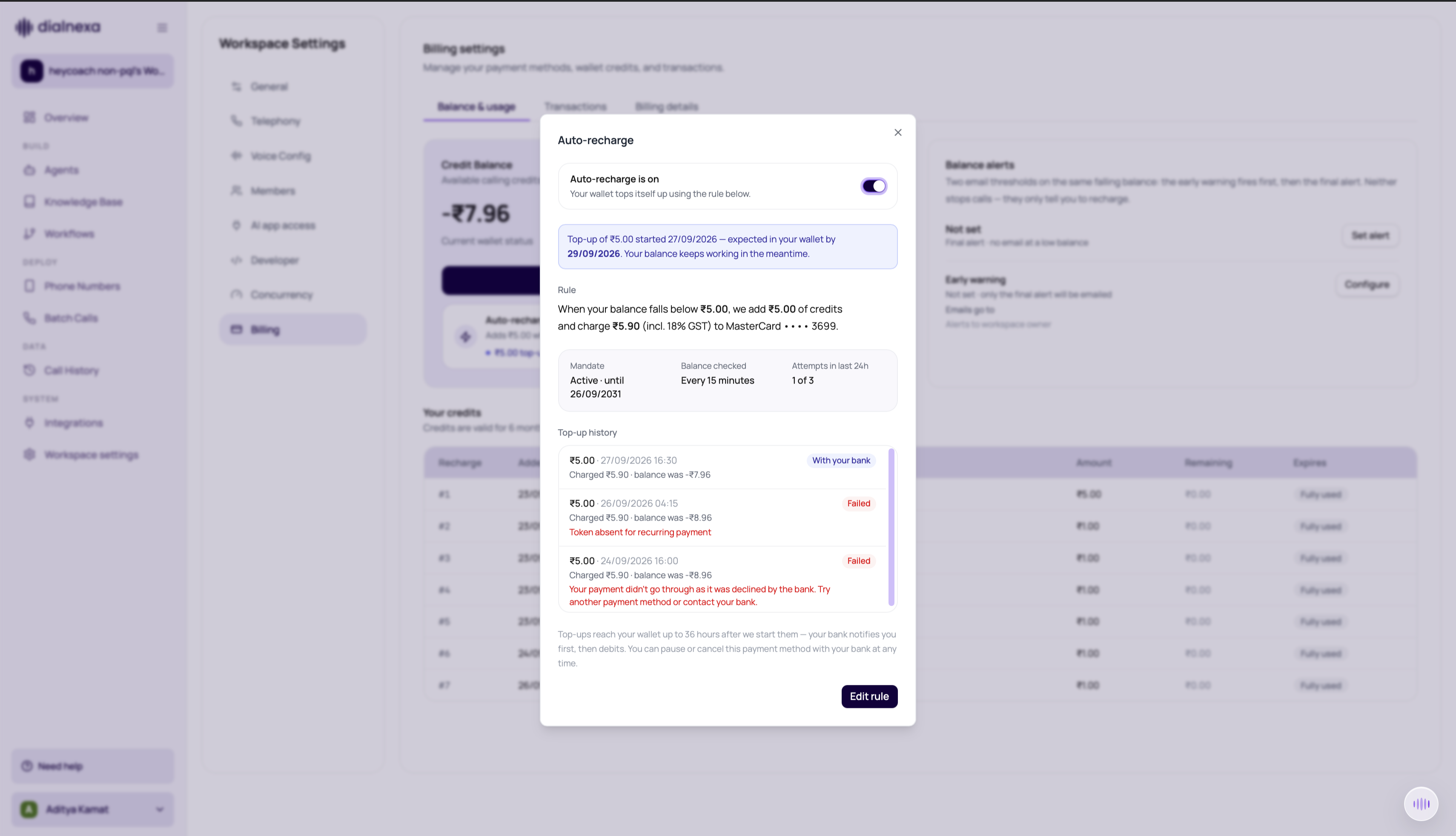 Auto-recharge details showing an active rule, a top-up pending with the bank, mandate status, balance-check frequency, and top-up history.