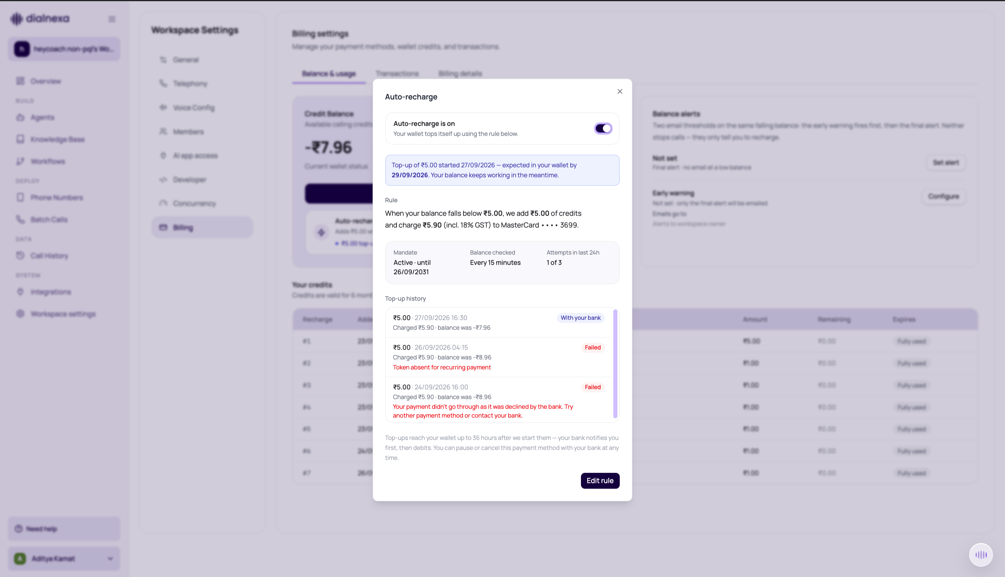 Auto-recharge details showing an active rule, a top-up pending with the bank, mandate status, balance-check frequency, and top-up history.