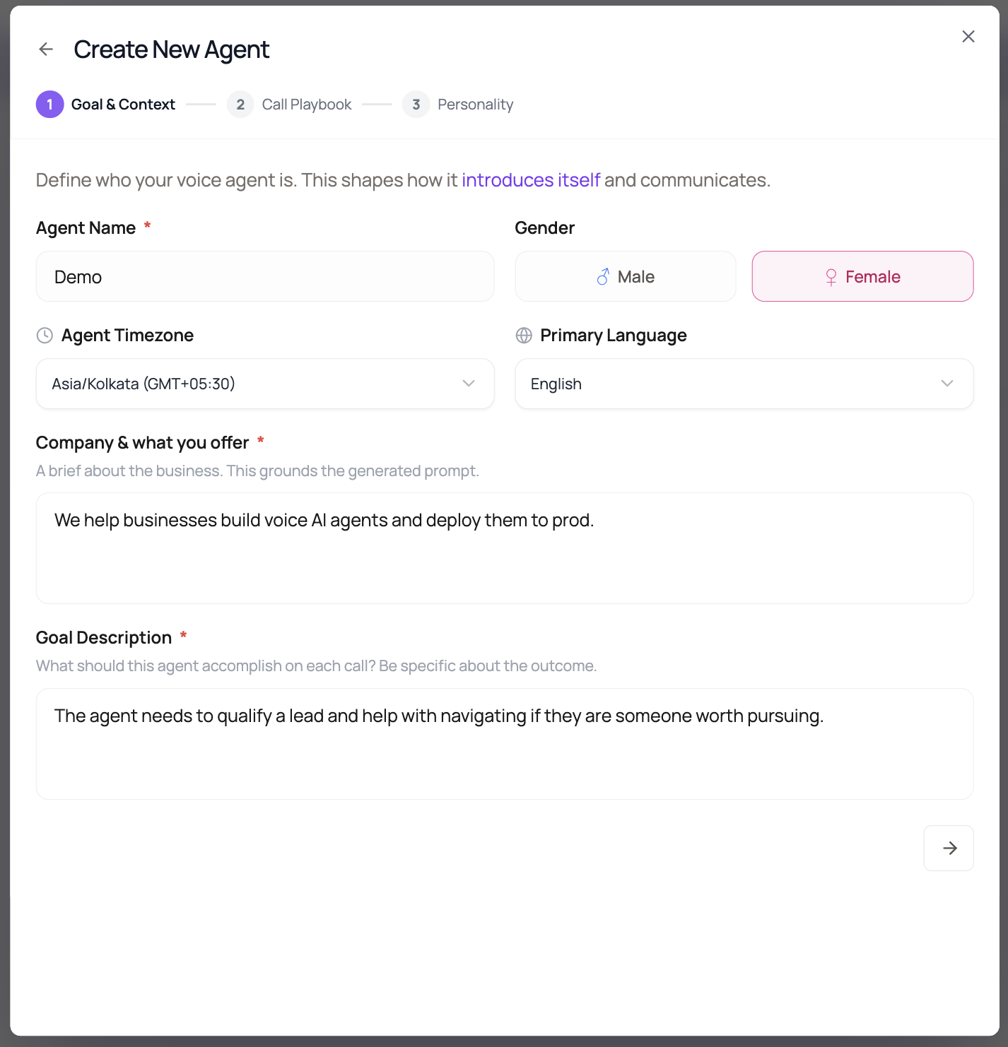 DialNexa Agent Builder Goal and Context step with agent name, gender, timezone, language, company brief, and goal description fields.