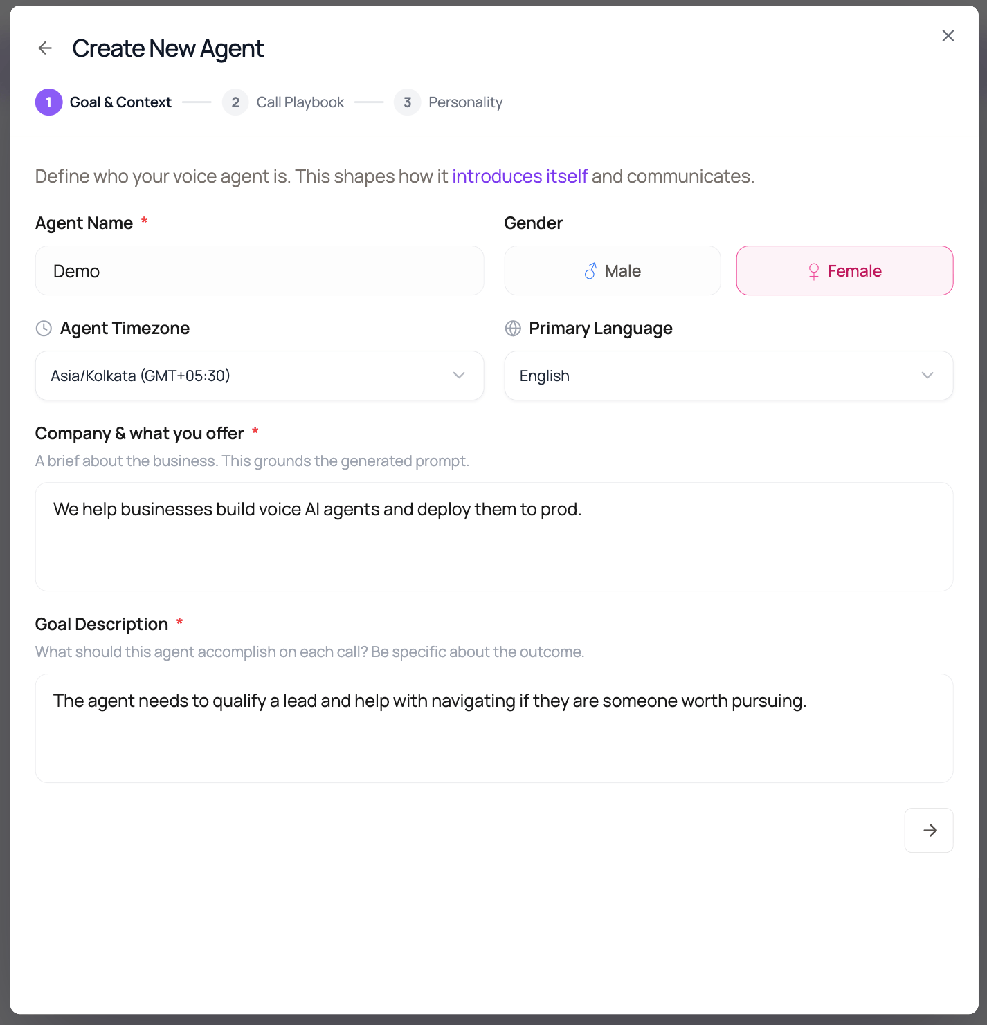 DialNexa Agent Builder Goal and Context step with agent name, gender, timezone, language, company brief, and goal description fields.