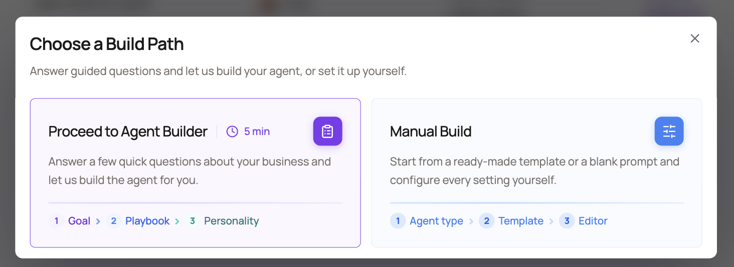 DialNexa Choose a Build Path dialog with the Proceed to Agent Builder and Manual Build options and their step lists.