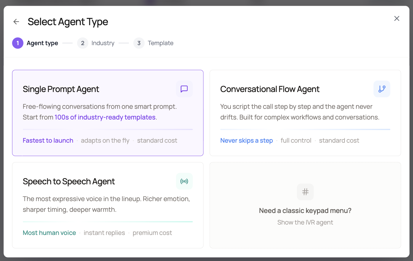 DialNexa Manual Build agent type screen with the Single Prompt, Conversational Flow, and Speech to Speech cards.