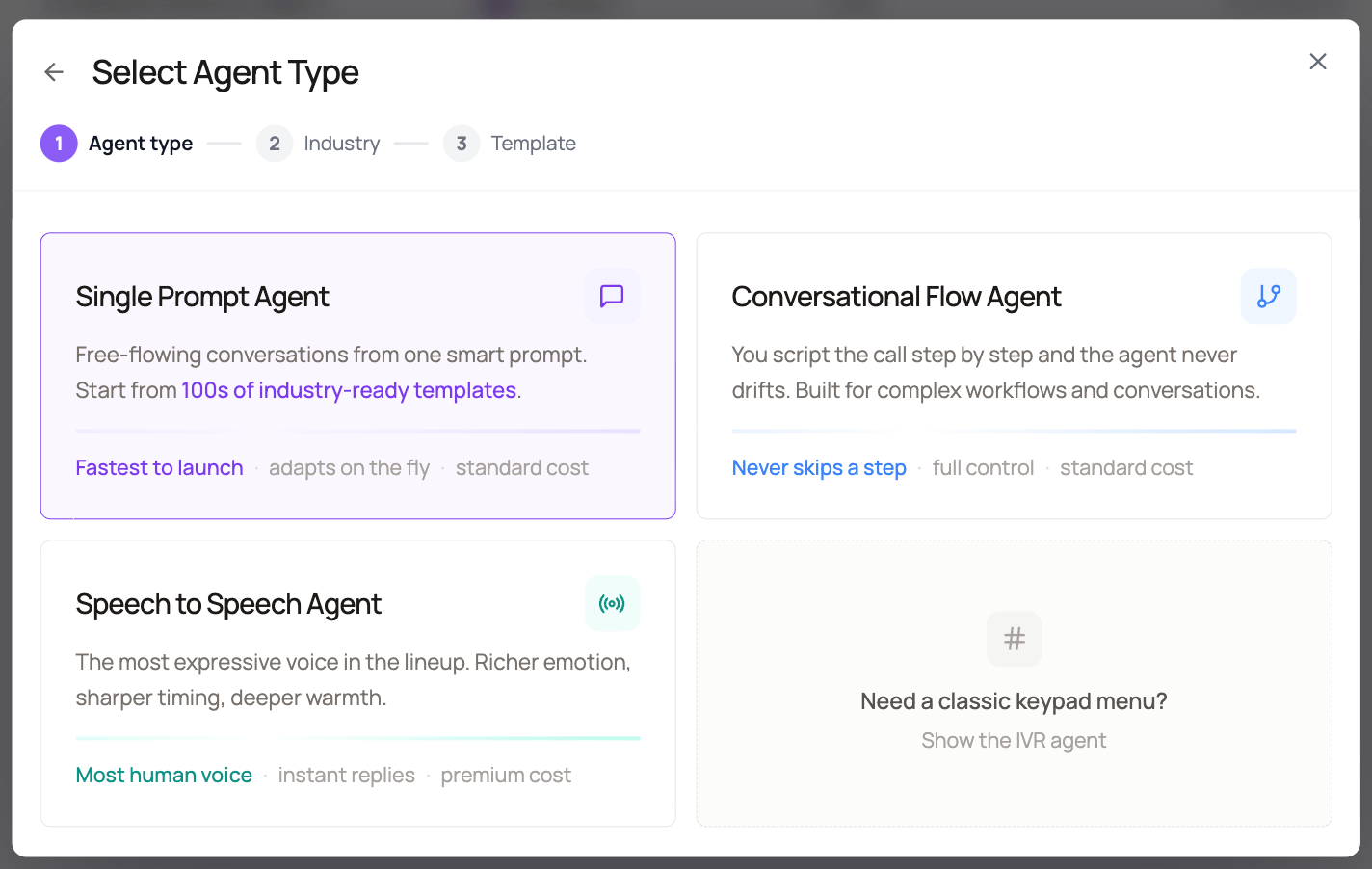 DialNexa Manual Build agent type screen with the Single Prompt, Conversational Flow, and Speech to Speech cards.