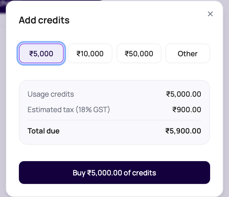 DialNexa Add credits modal showing recharge presets, 18 percent GST estimate, total due, and Buy credits button.