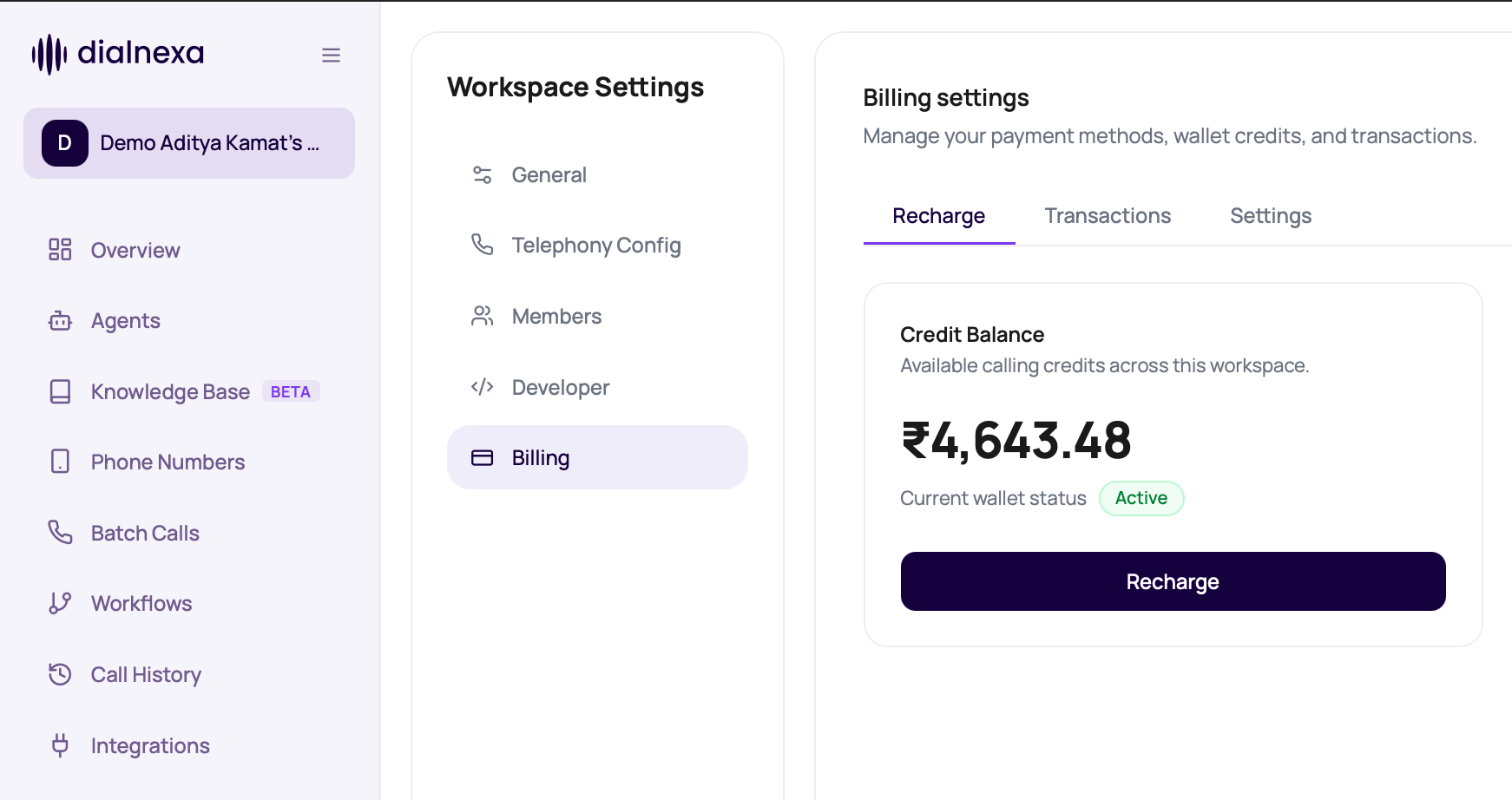 DialNexa Billing Recharge tab showing workspace credit balance, wallet status, and recharge button.