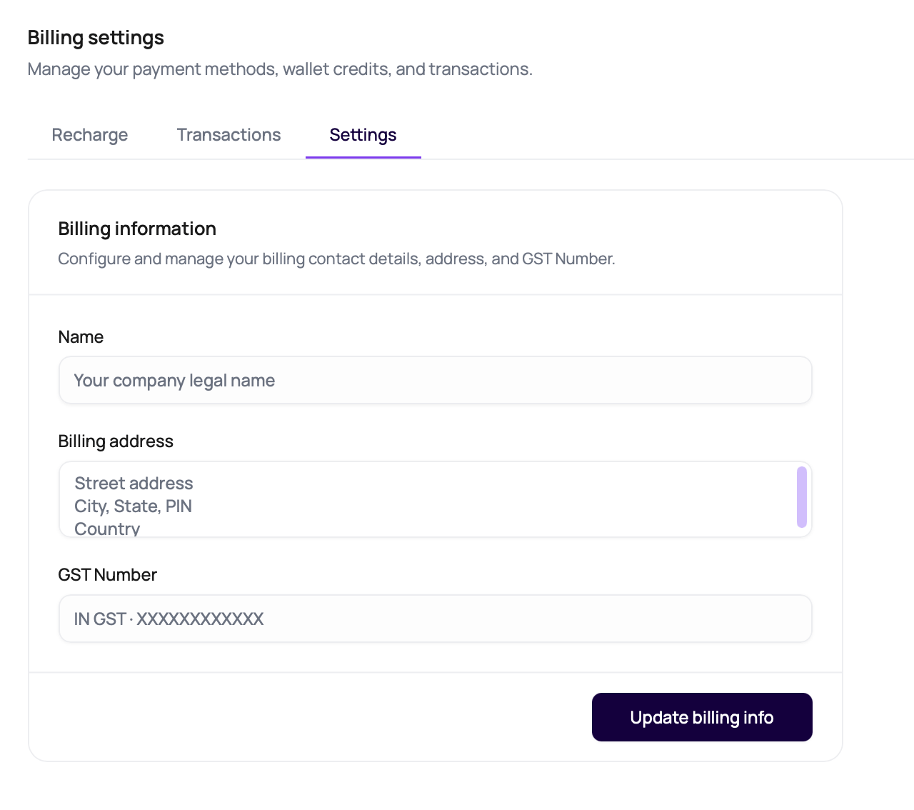 DialNexa Billing Settings tab showing billing name, billing address, GST Number, and update action.