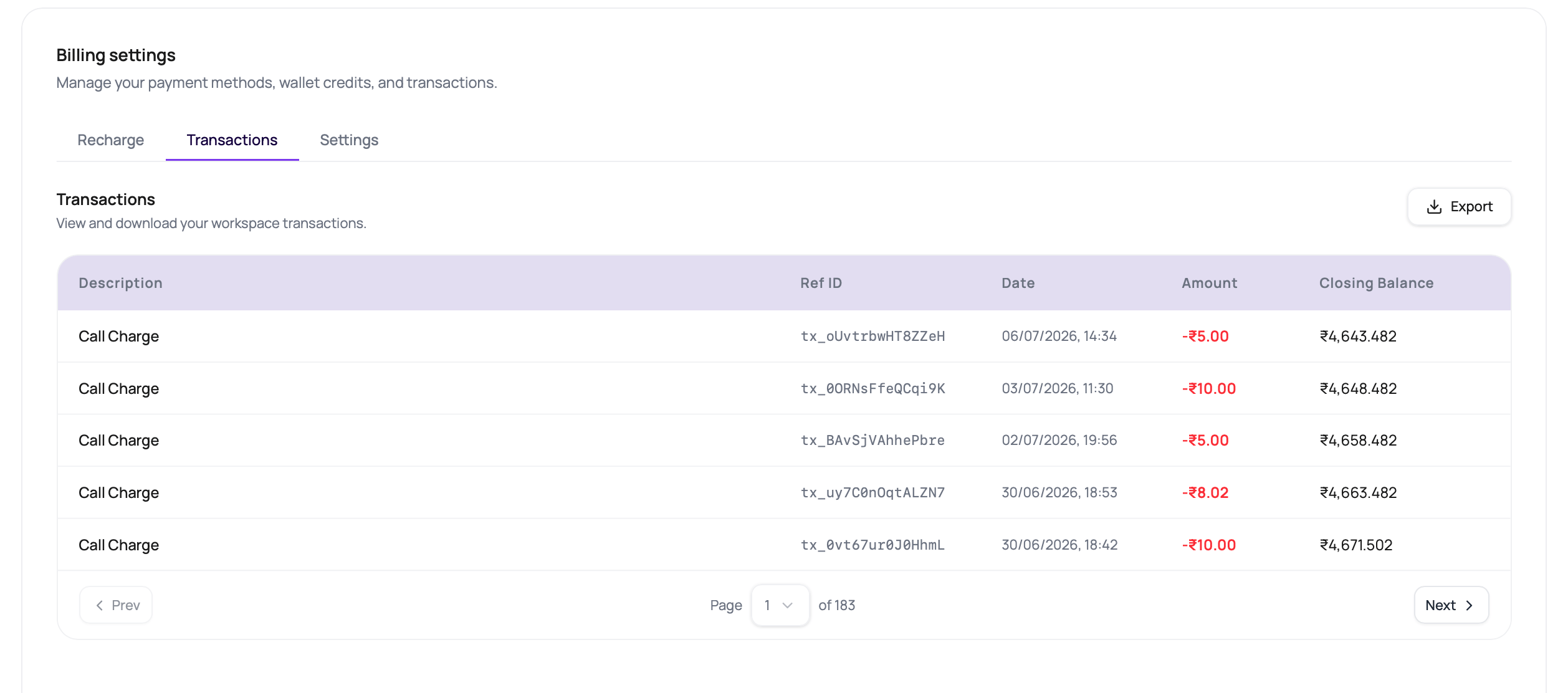 DialNexa Billing Transactions tab showing descriptions, reference IDs, dates, amounts, closing balances, export, and pagination.