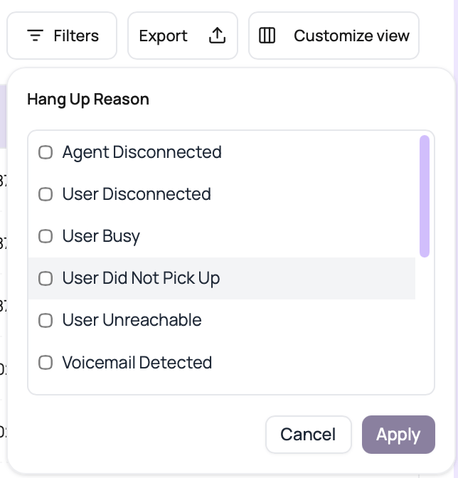 DialNexa Call History filter menu showing Hang Up Reason options and apply controls.
