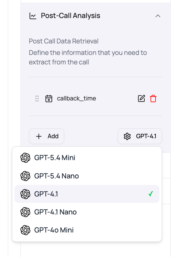 DialNexa Post Call Analysis LLM settings popover showing GPT model choices for post-call extraction.