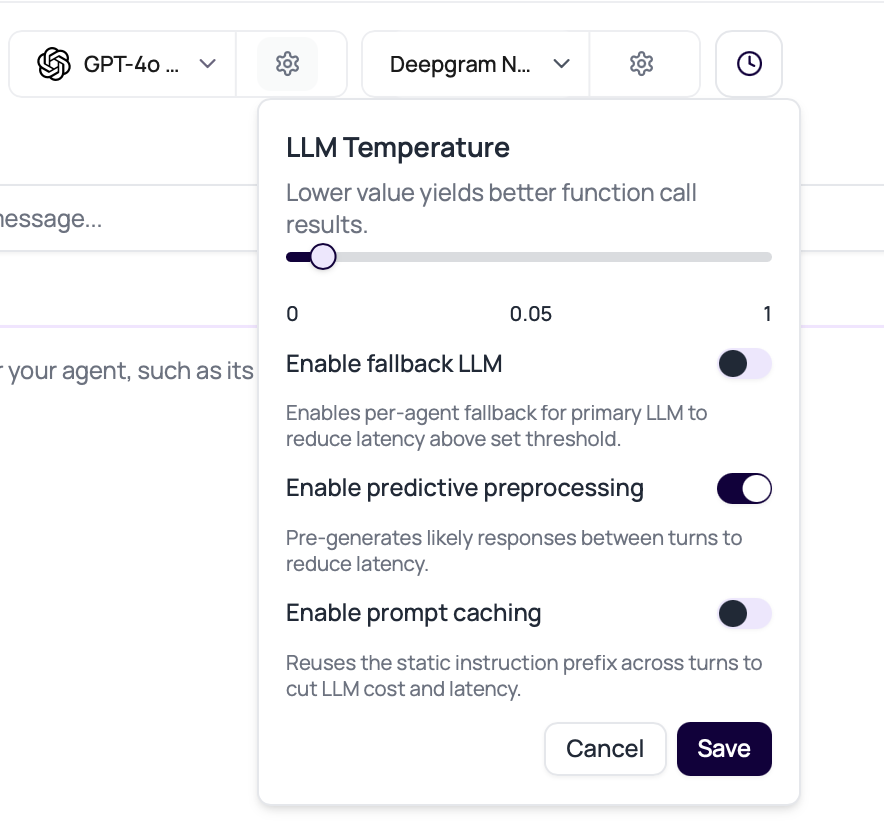 DialNexa model settings popover showing LLM temperature, fallback LLM, predictive preprocessing, and Prompt Caching.