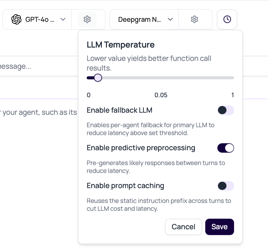 DialNexa model settings popover showing LLM temperature, fallback LLM, predictive preprocessing, and Prompt Caching.