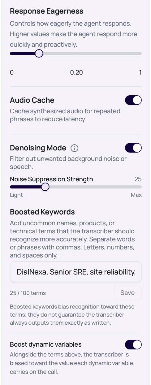 DialNexa Speech Settings showing Boosted Keywords, the combined term count, and Boost dynamic variables enabled.