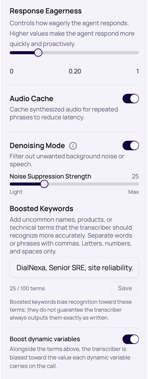 DialNexa Speech Settings showing Boosted Keywords, the combined term count, and Boost dynamic variables enabled.