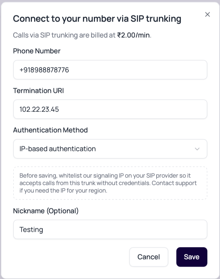 DialNexa SIP trunk modal with IP-based authentication selected and signaling IP allowlist guidance.