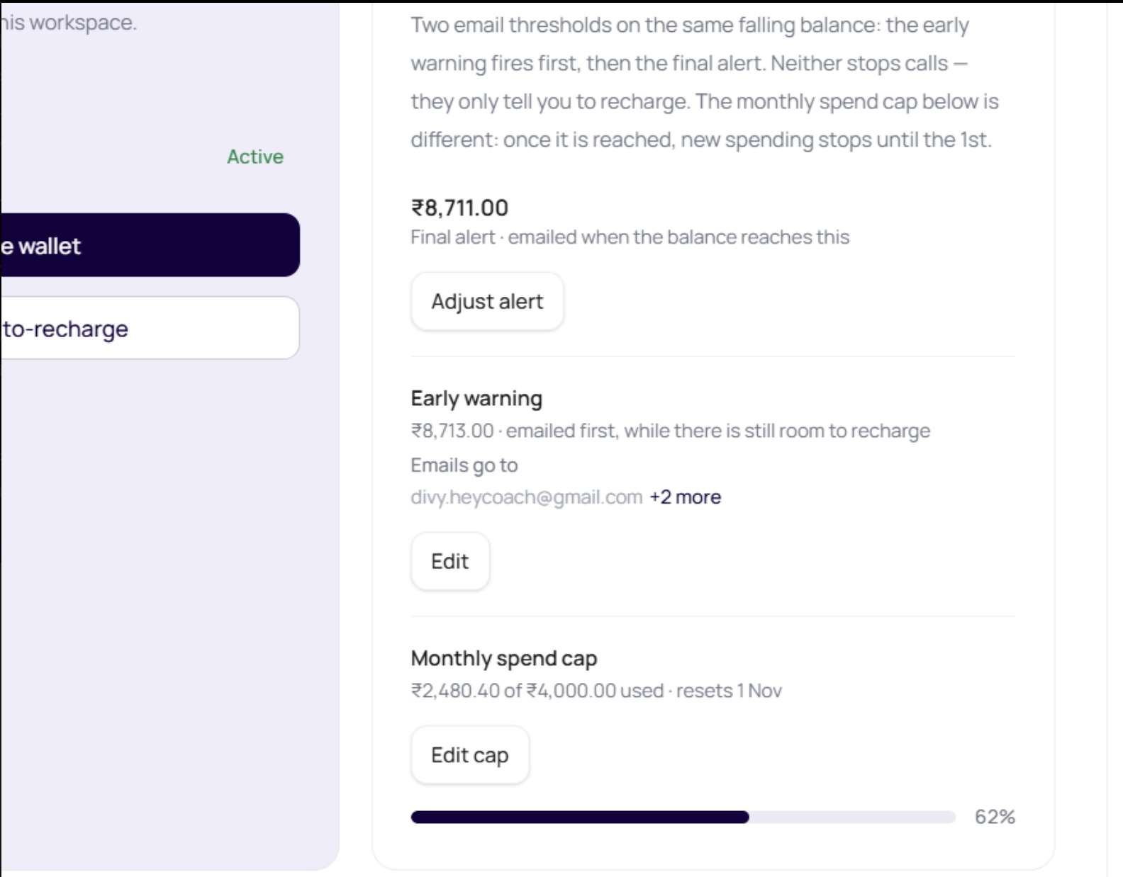DialNexa billing balance alerts showing a monthly spend cap, amount spent, reset date, Edit cap action, and percentage-used bar.
