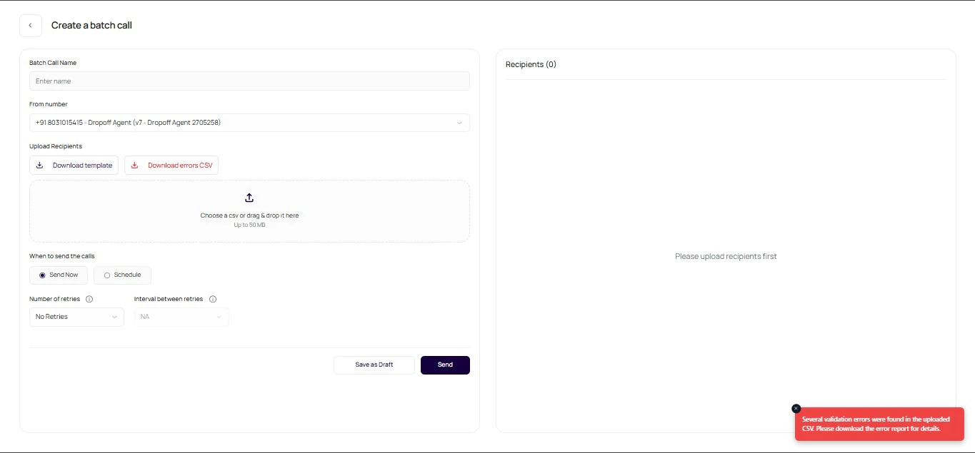 DialNexa Create Batch Call page showing the Download errors CSV button after multiple recipient validation failures.