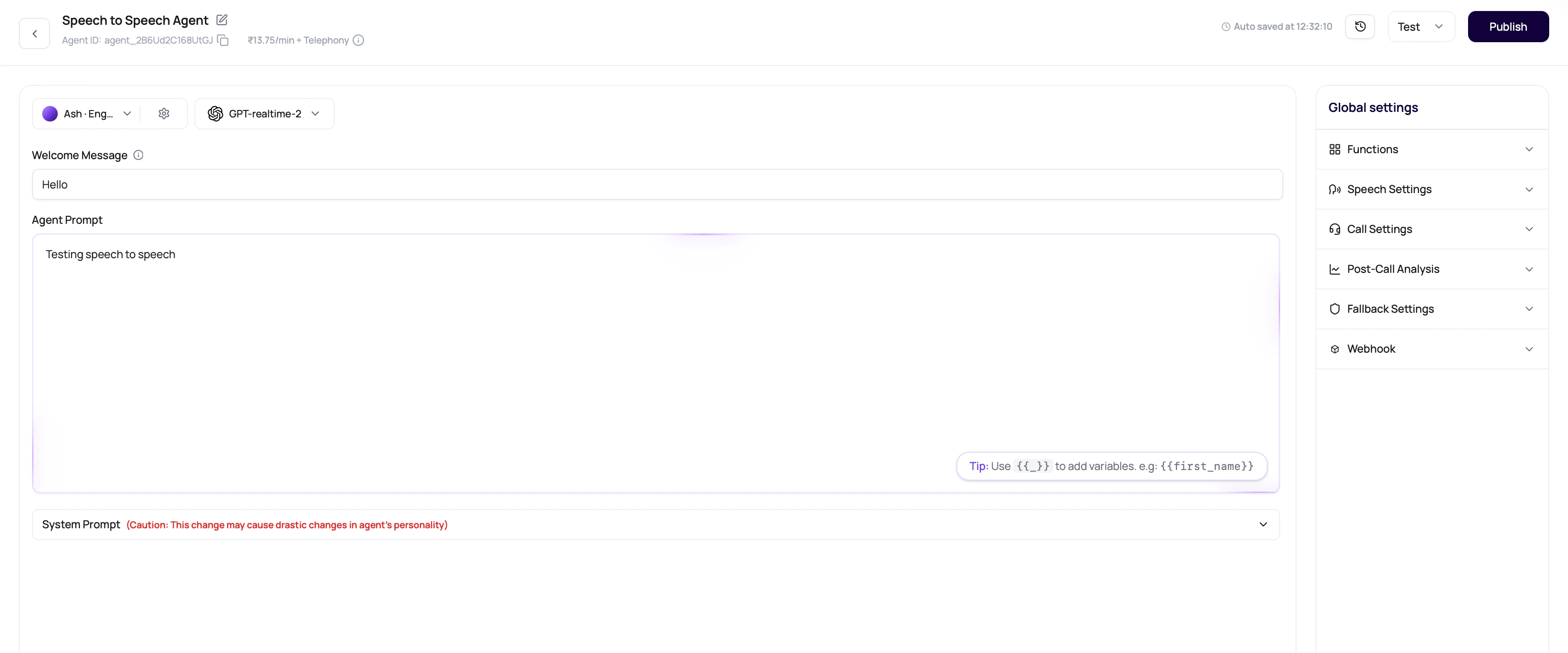 DialNexa Speech to Speech agent builder showing a realtime speech model selector and no separate transcriber selector.