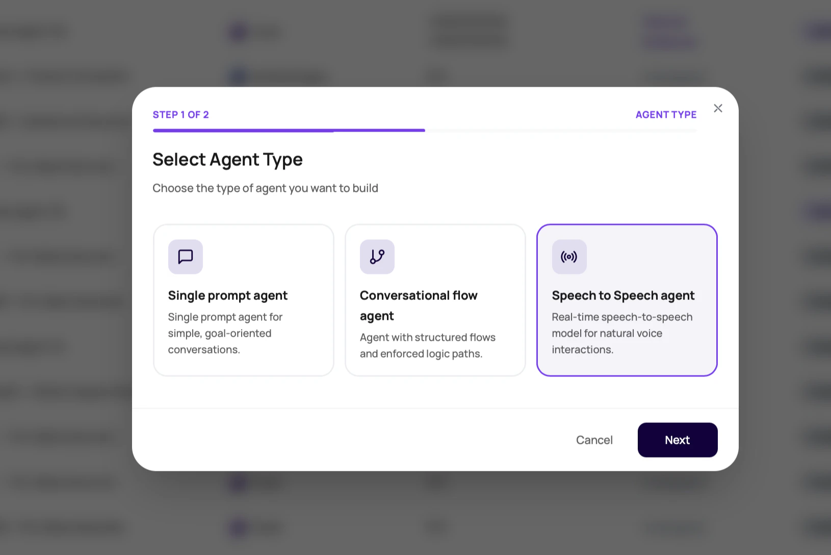 DialNexa create-agent modal with Speech to Speech agent selected as the agent type.