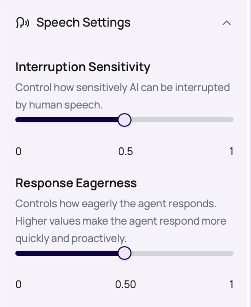 DialNexa Speech Settings panel showing Interruption Sensitivity and Response Eagerness sliders.
