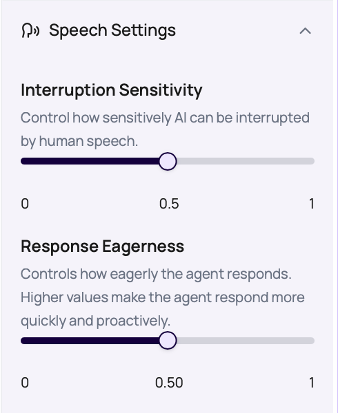DialNexa Speech Settings panel showing Interruption Sensitivity and Response Eagerness sliders.
