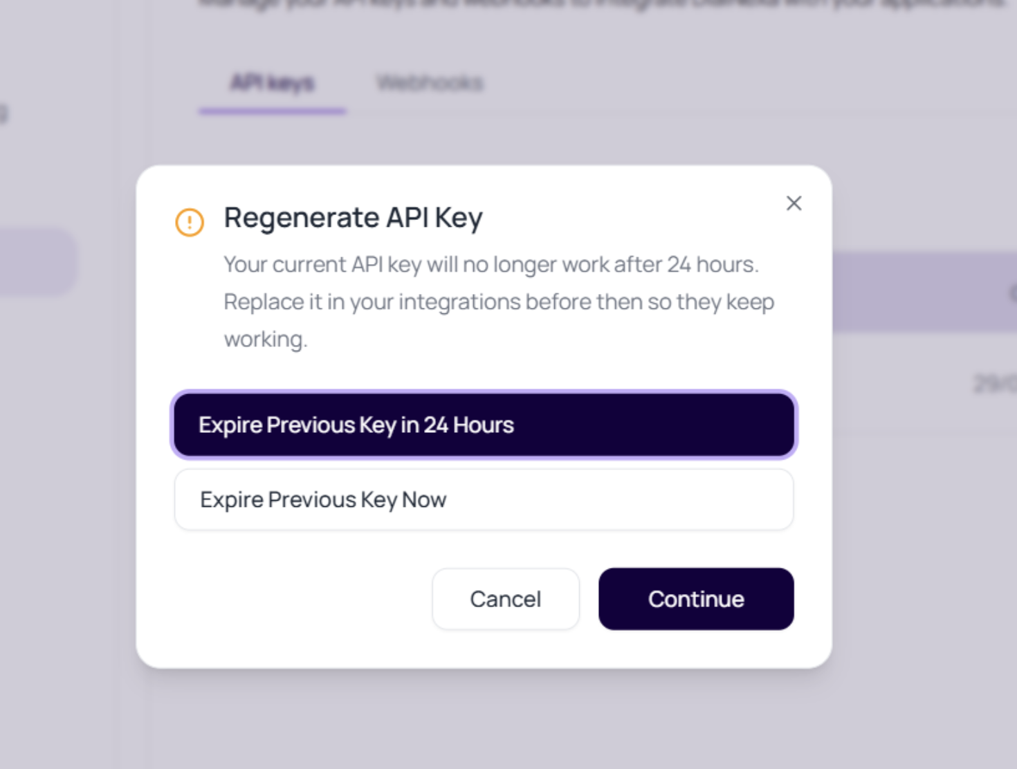 DialNexa Regenerate API Key modal showing the 24 hour expiry option, expire now option, Cancel, and Continue.