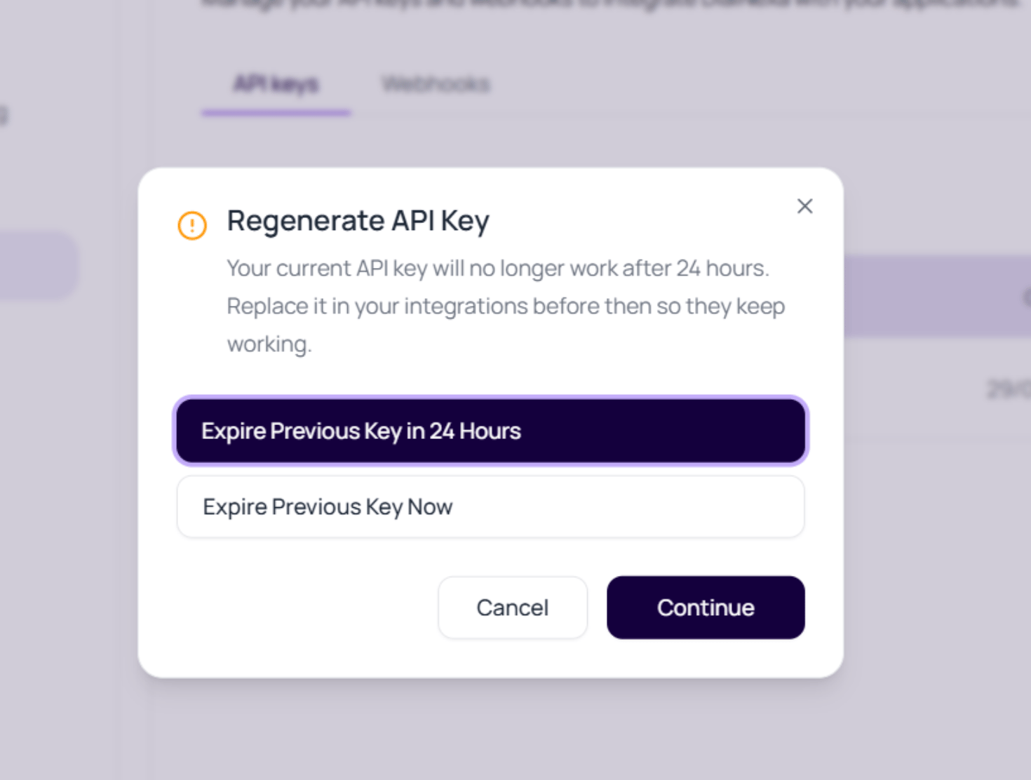 DialNexa Regenerate API Key modal showing the 24 hour expiry option, expire now option, Cancel, and Continue.