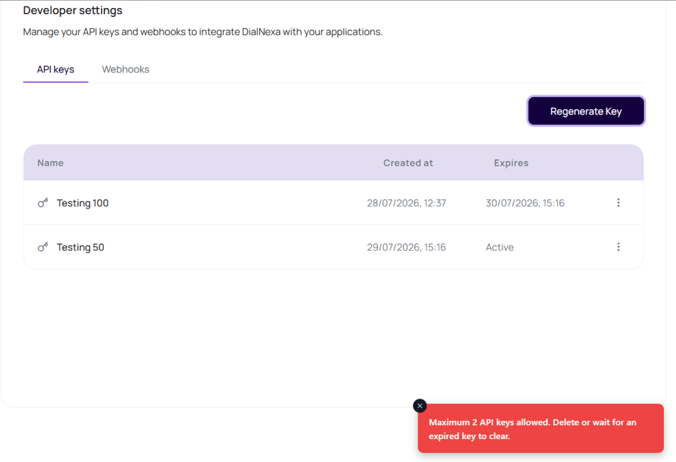 DialNexa API Keys page showing Regenerate Key, Created at, Expires, Active status, and the maximum two-key warning.