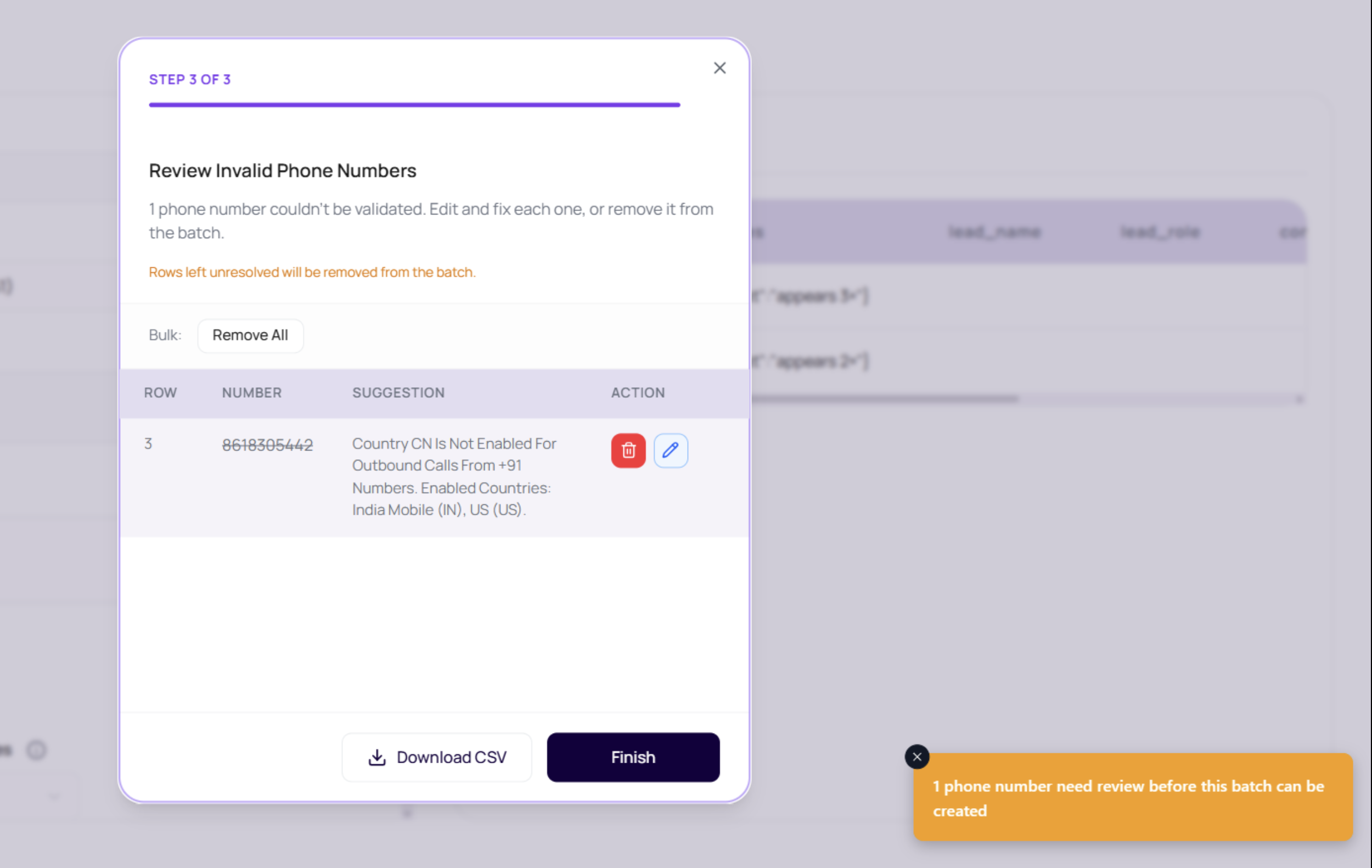 DialNexa Review Invalid Phone Numbers modal showing an unresolved phone number, validation suggestion, edit and remove actions, Download CSV, and Finish.
