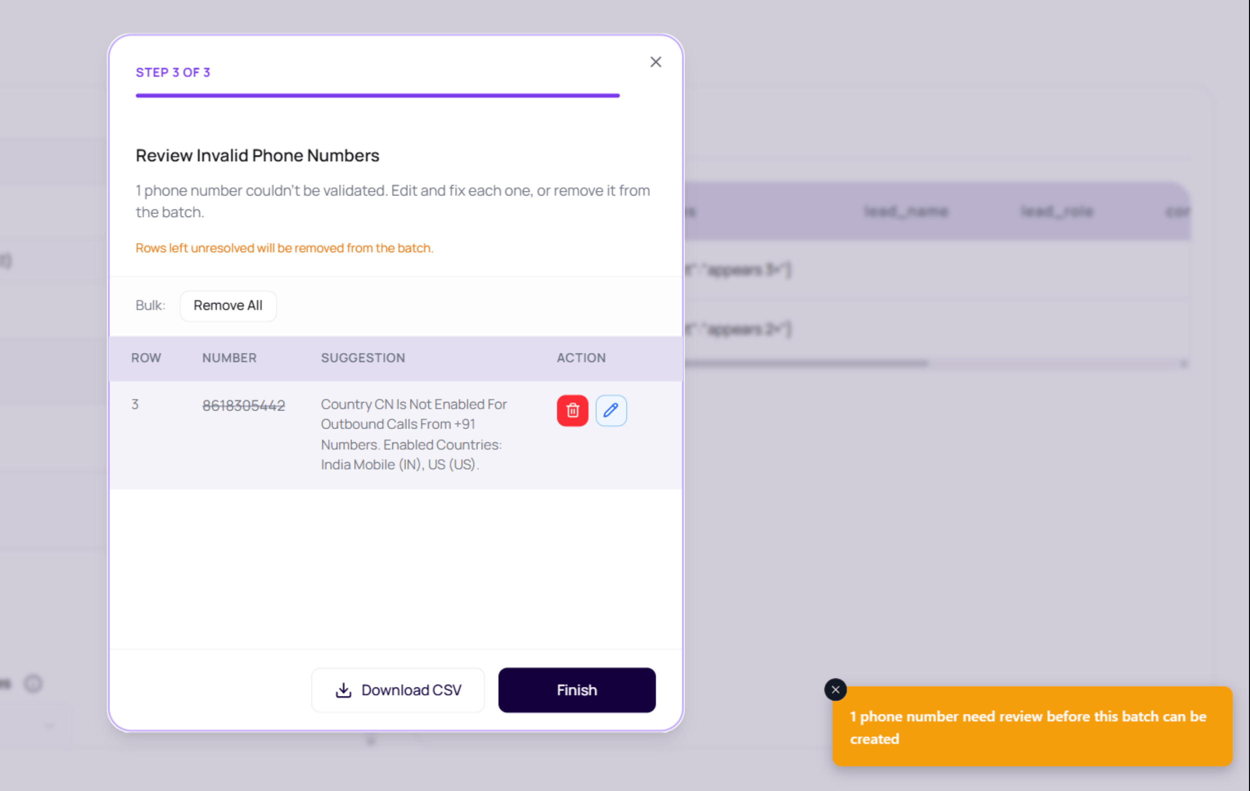 DialNexa Review Invalid Phone Numbers modal showing an unresolved phone number, validation suggestion, edit and remove actions, Download CSV, and Finish.