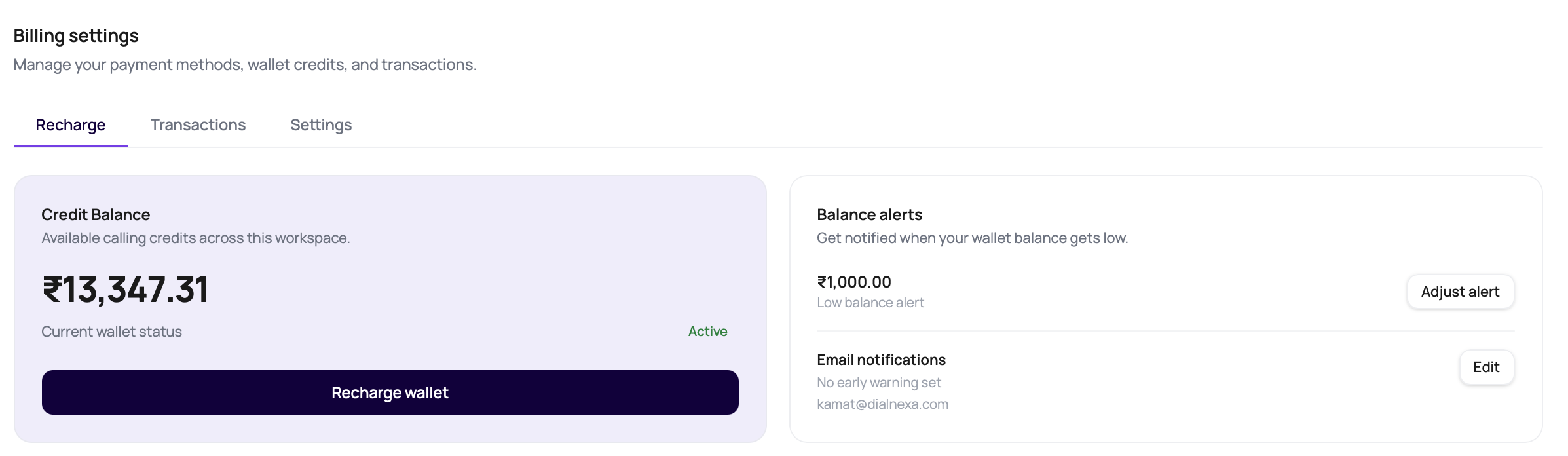 DialNexa Billing Recharge tab showing workspace credit balance, wallet status, and Recharge wallet button.