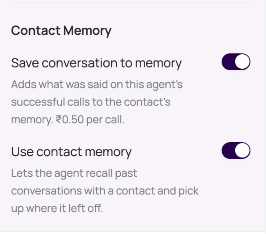 DialNexa Contact Memory settings with Save conversation to memory, its displayed per-call charge, and Use contact memory enabled.