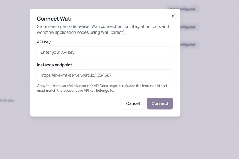 DialNexa Connect Wati dialog showing the API key and Instance endpoint fields.