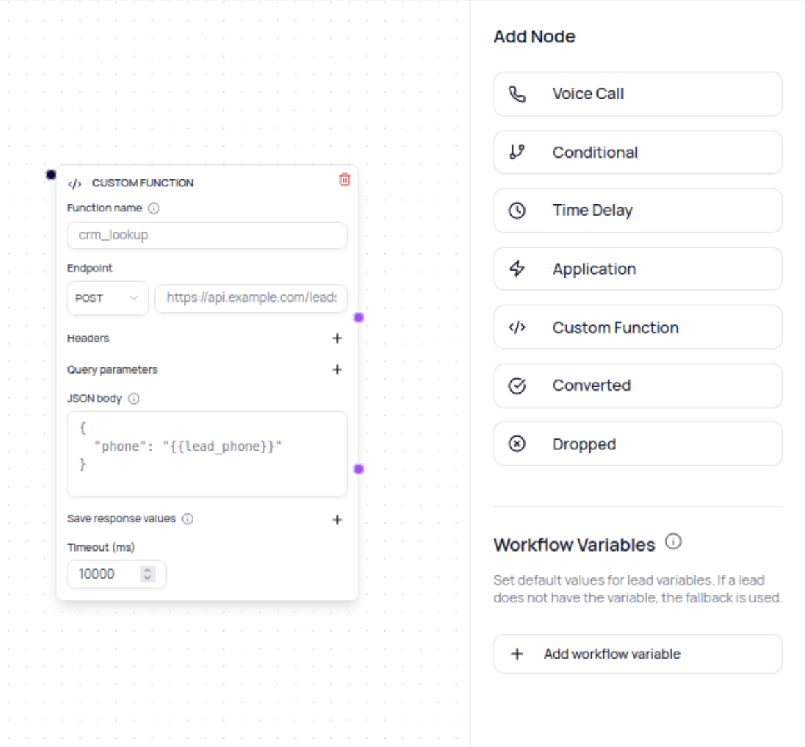 DialNexa workflow builder showing a Custom Function node with a POST endpoint, lead-variable JSON body, response mapping, timeout, and output connectors.
