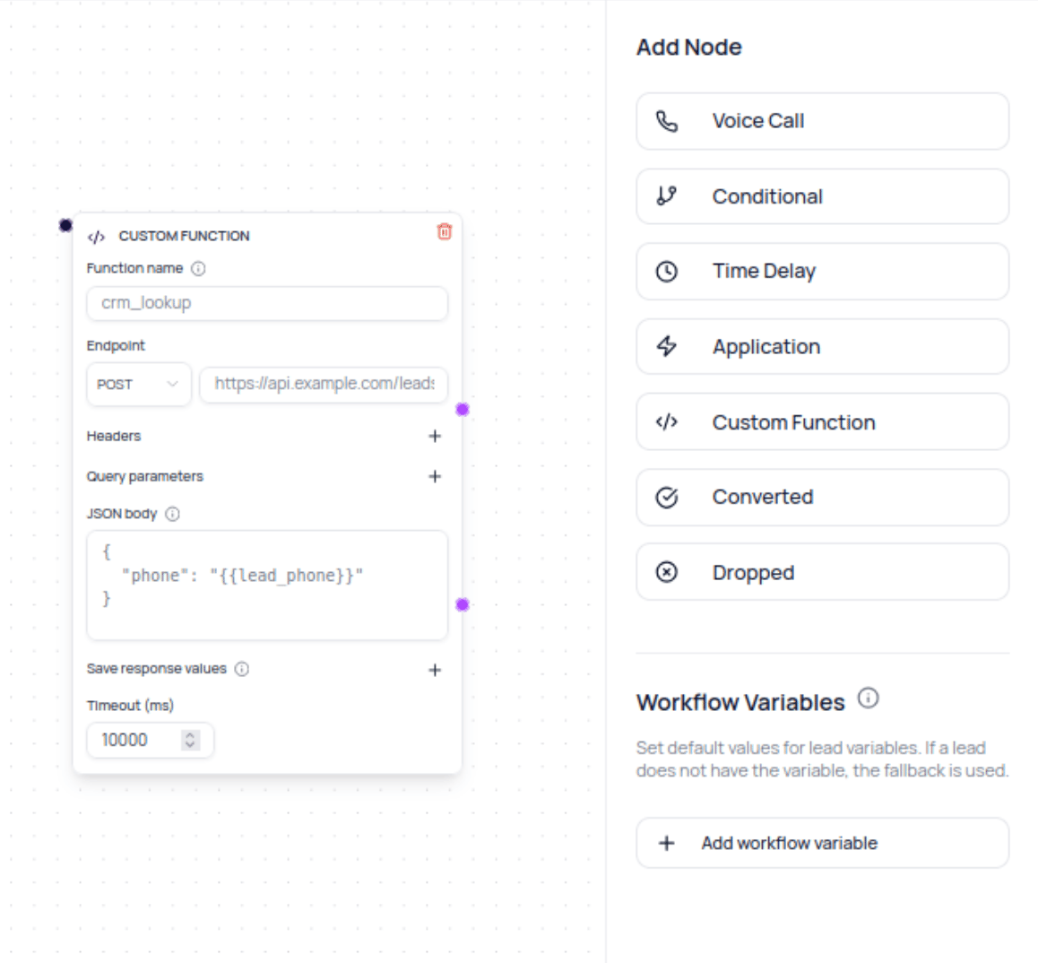 DialNexa workflow builder showing a Custom Function node with a POST endpoint, lead-variable JSON body, response mapping, timeout, and output connectors.
