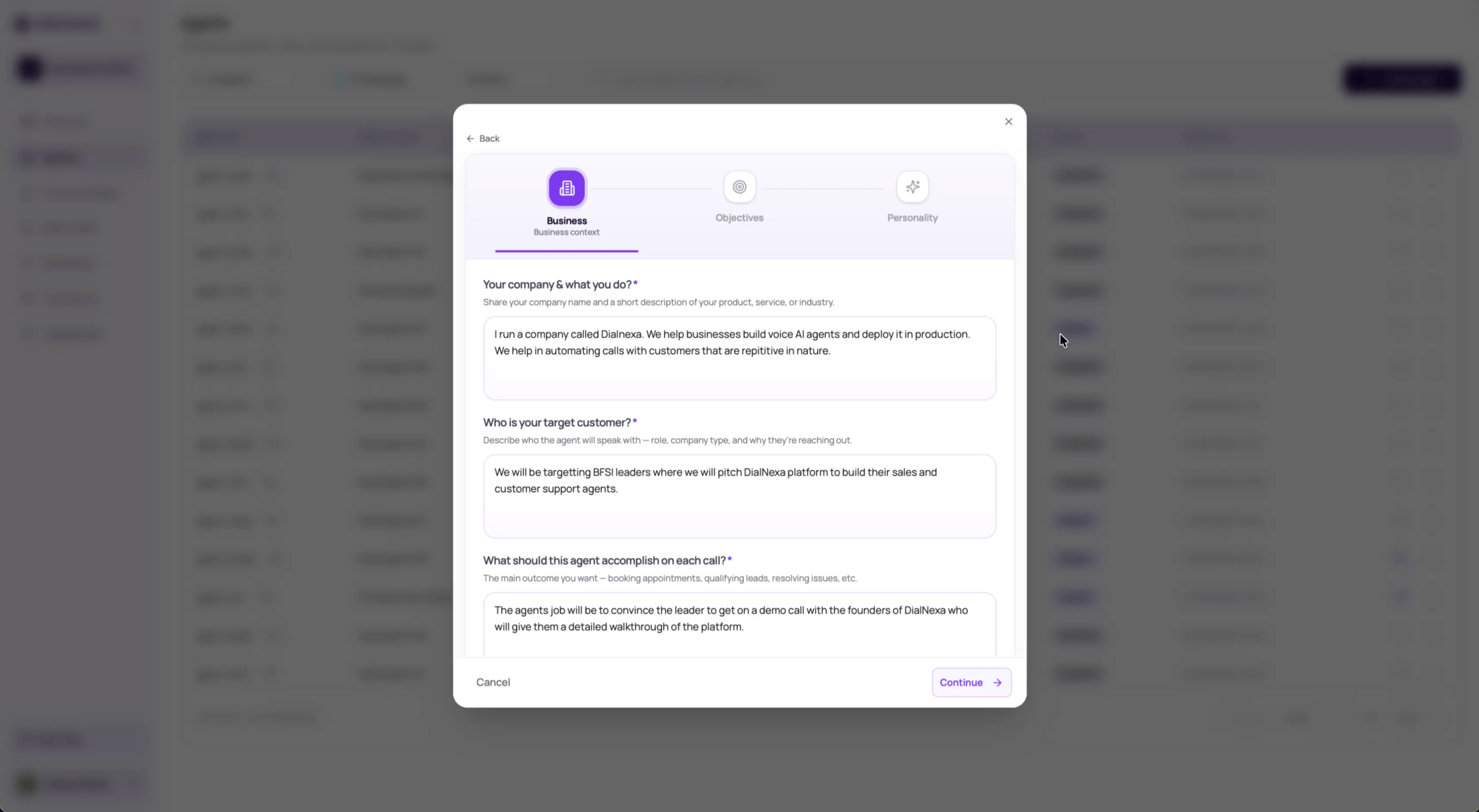 DialNexa Agent Builder Business step asking for company context, target customer, and the agent outcome.