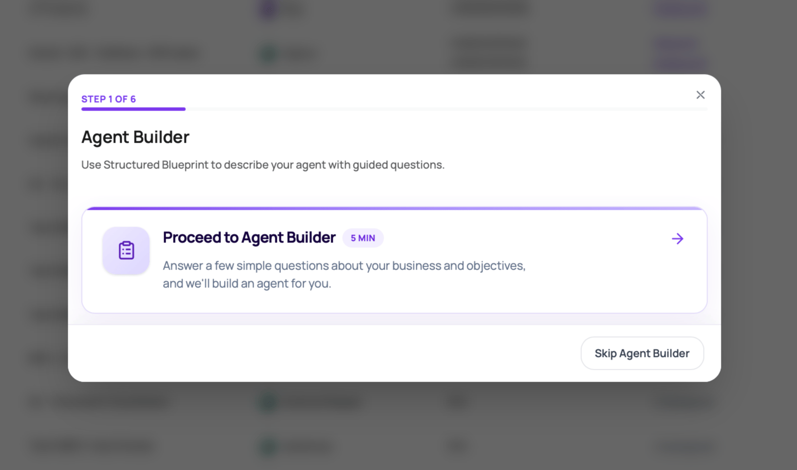 DialNexa Agent Builder entry step showing the guided structured blueprint option and Skip Agent Builder action.